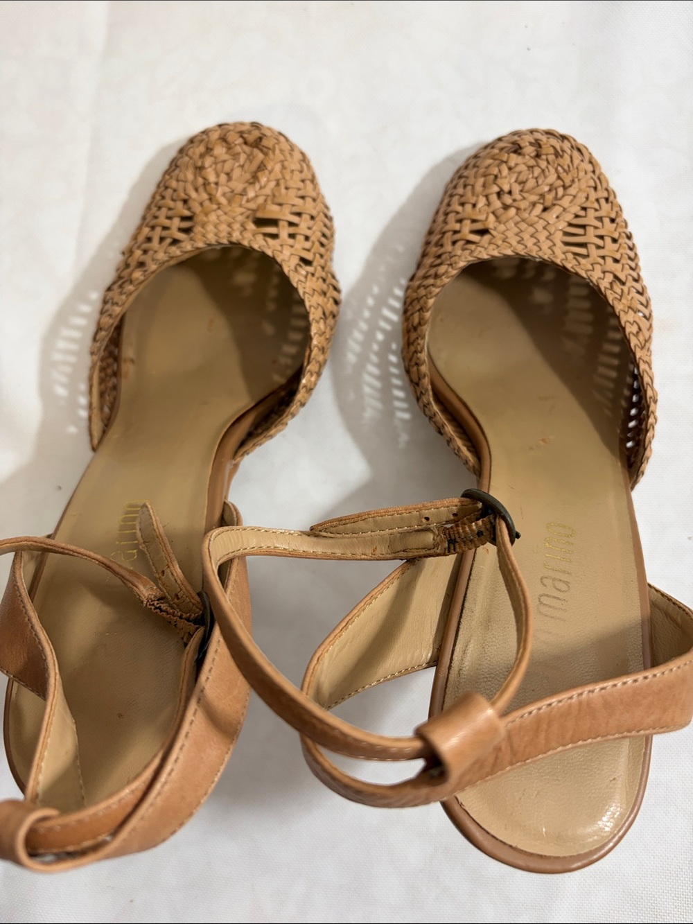 Ann Marino Woven Tan Leather Ankle-Strap Heels